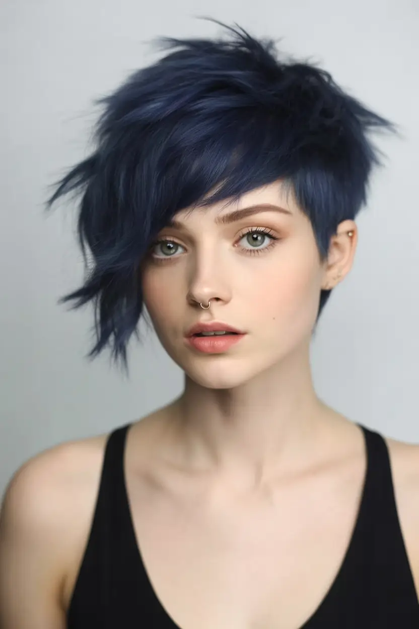Fall short haircut Indigo Asymmetrical Pixie with Scene-Stealing Layers