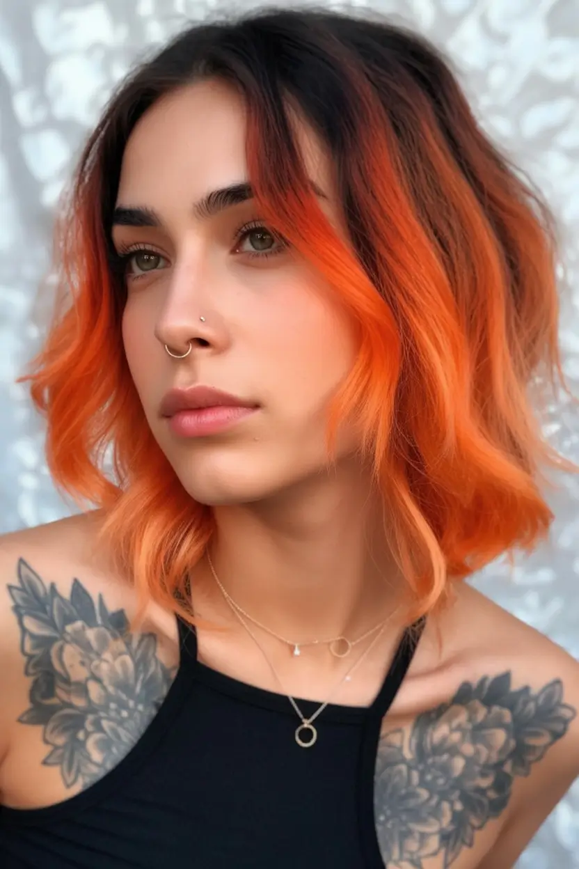 Fall short haircut Smoky Tangerine Lob with Shadow Roots