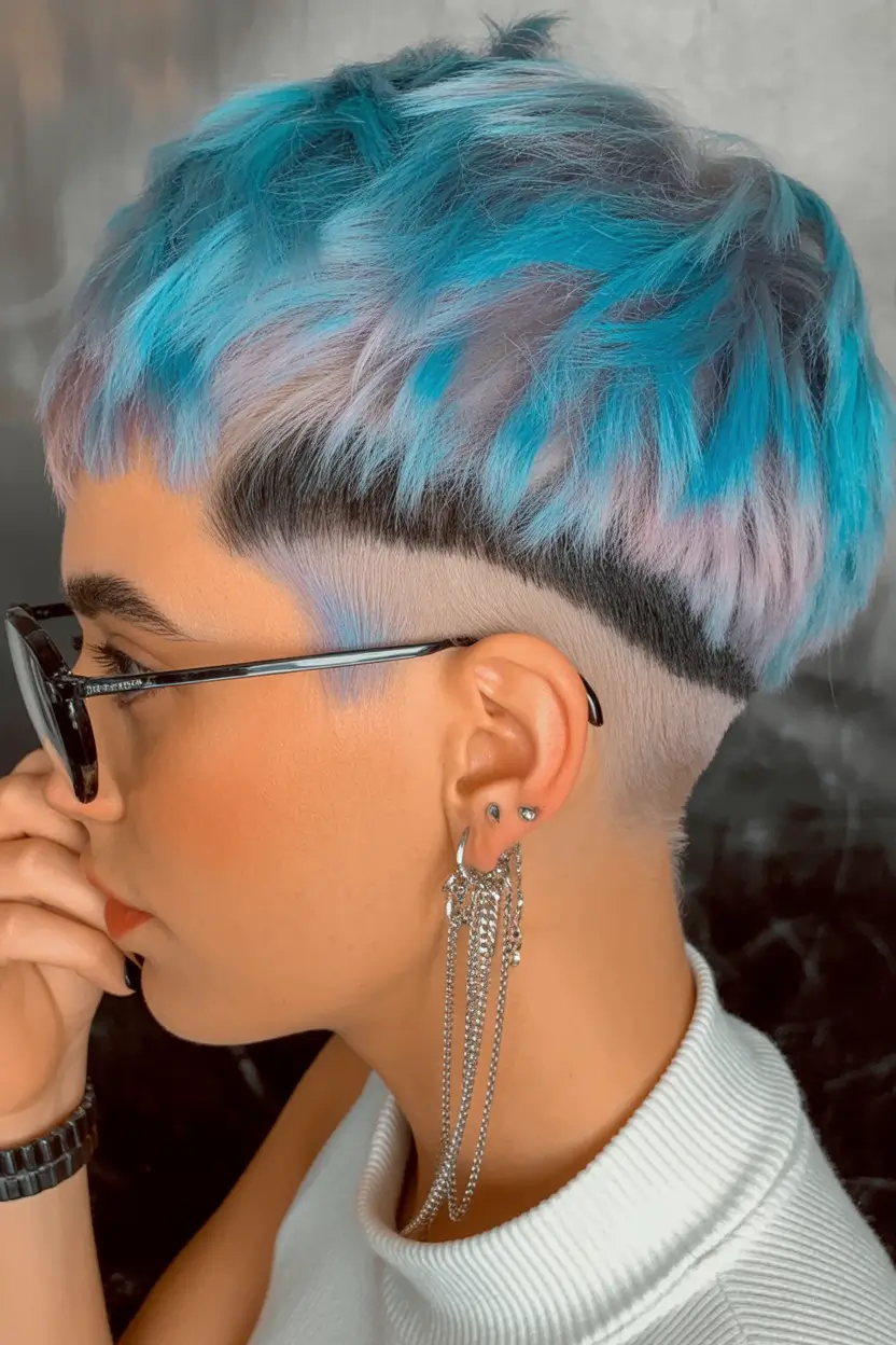 Fall short haircut High Contrast Rainbow Pixie with Geometric Undercut