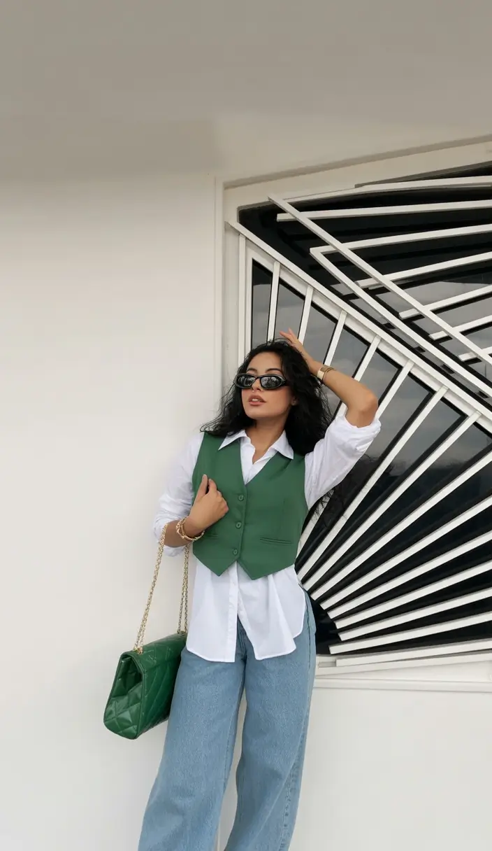 casual business casual Smart Layering with a Vest and Wide Denim