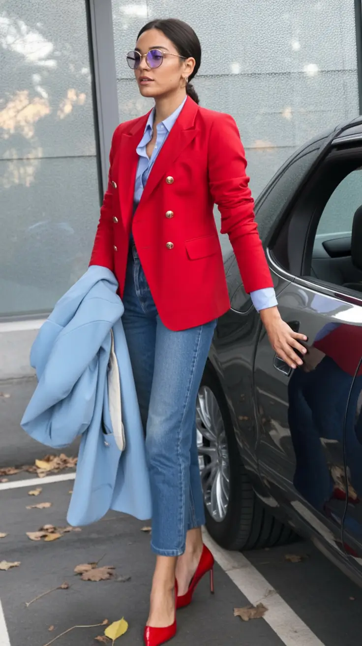 casual jeans Red Blazer Confidence with Classic Denim