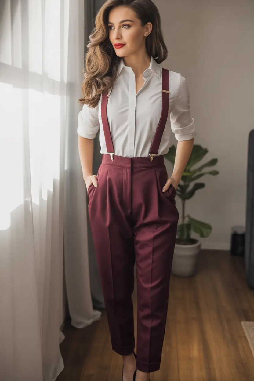 fall work outfits for women Suspenders and Burgundy Trousers: A Playful Twist