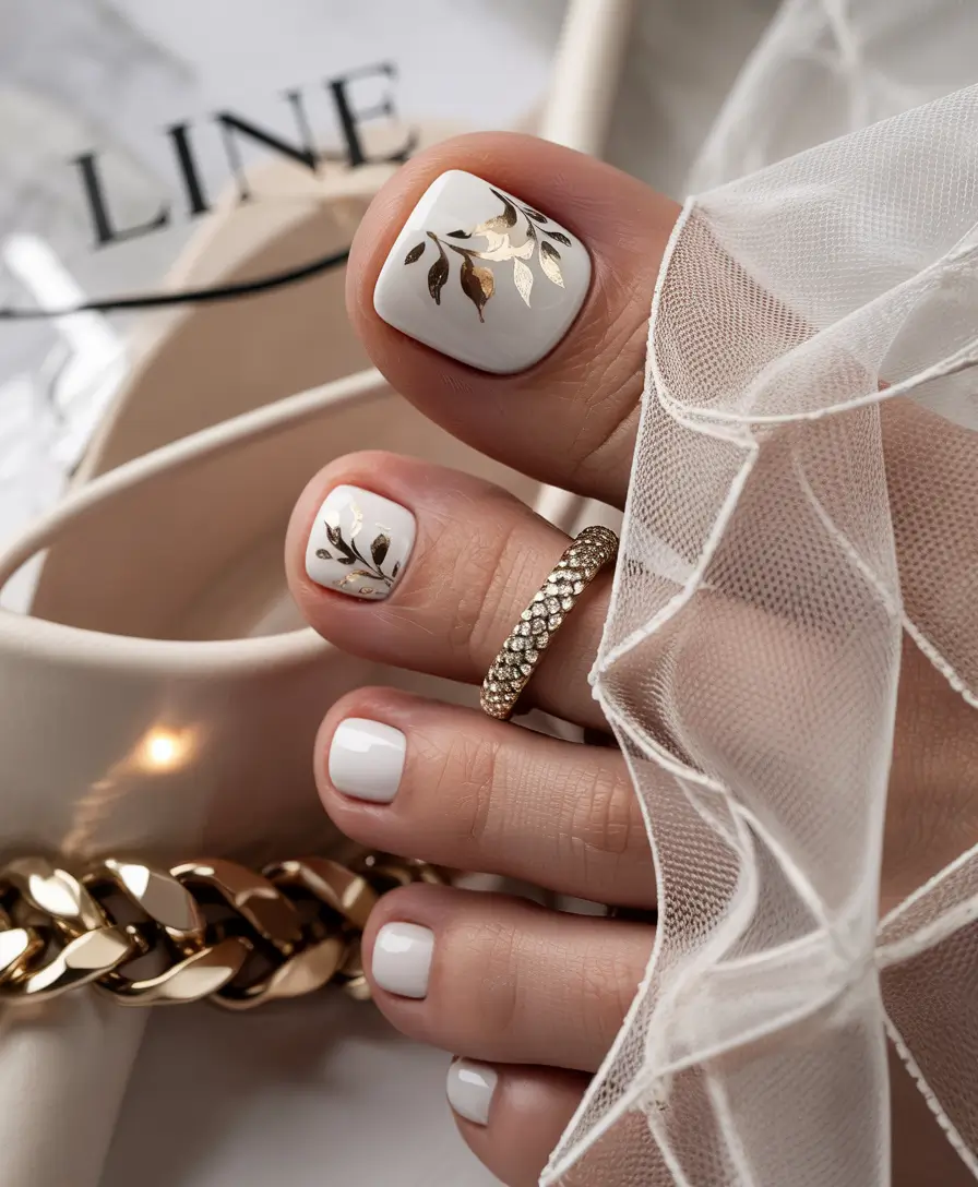 August toe nails Botanical White with Metallic Detail