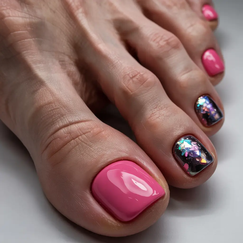 August toe nails Pink Energy with Cosmic Sparkle