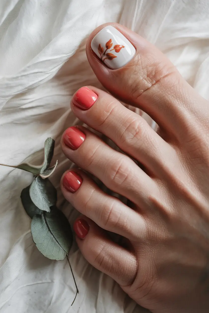 August toe nails Burnt Coral with Botanical Accent