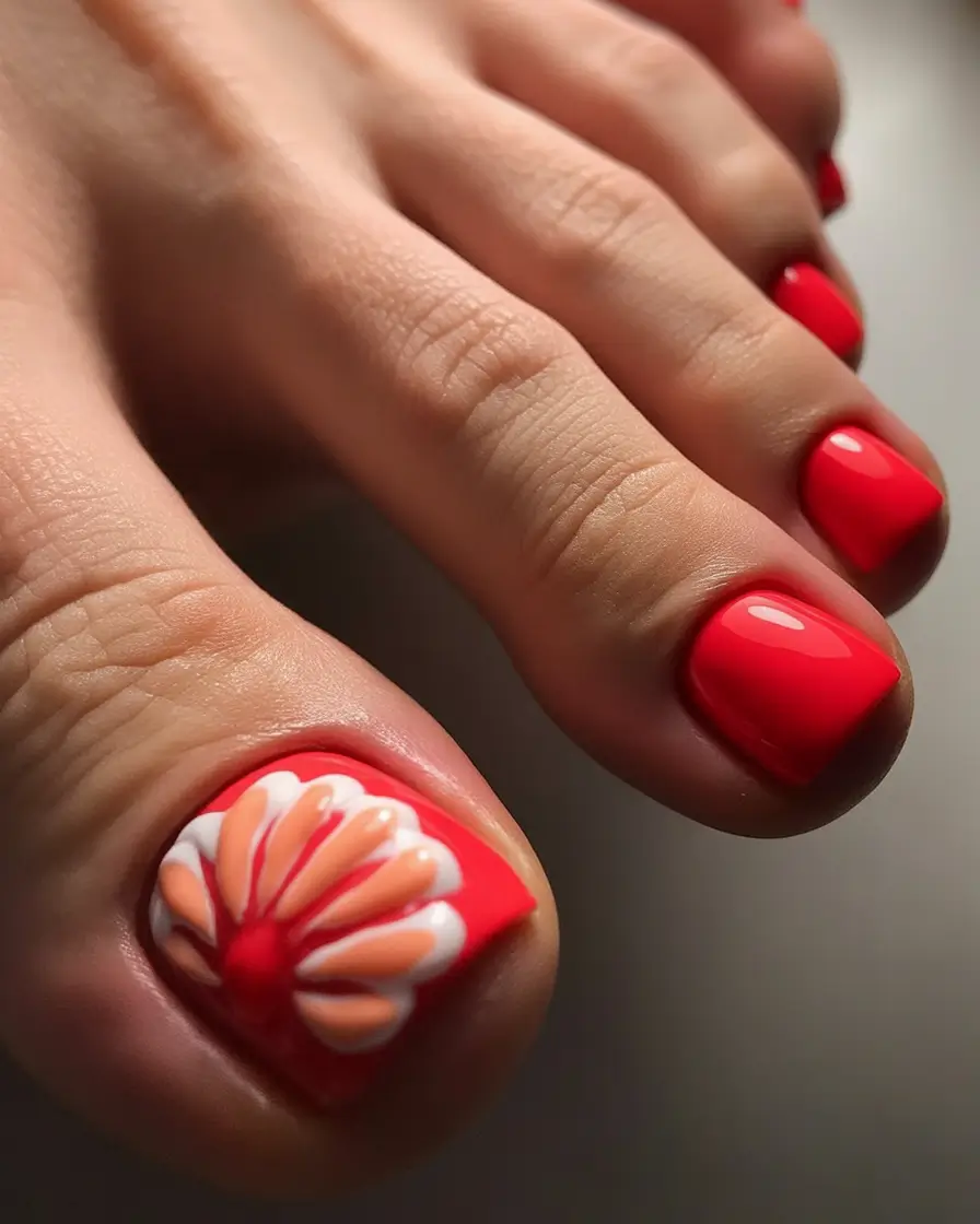 August toe nails Red Bloom with a Citrus Vibe