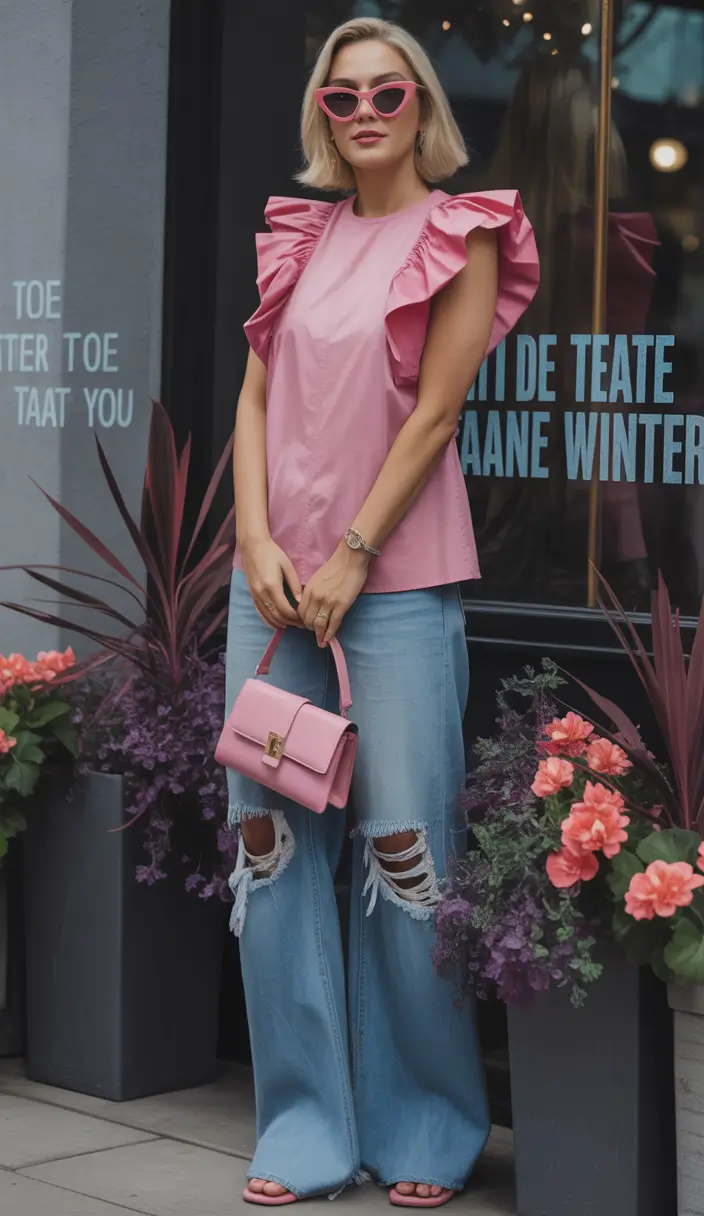 August outfits Monochrome Pink Pop with Distressed Denim