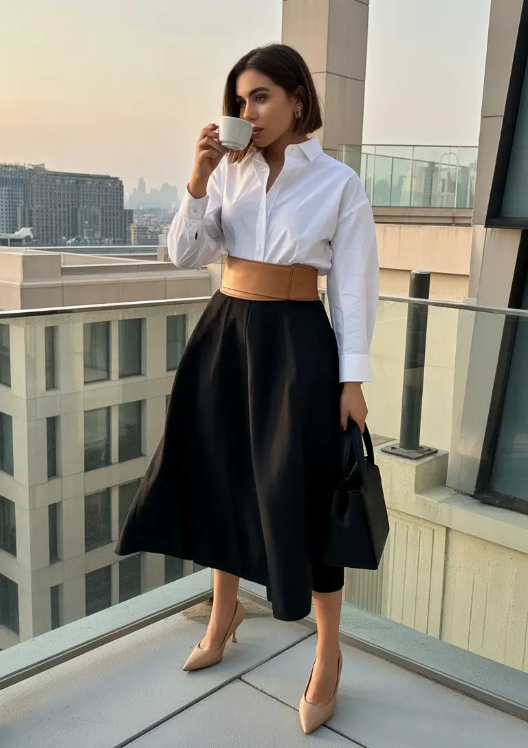 August outfits Waist-Defined Chic with Luxe Contrast