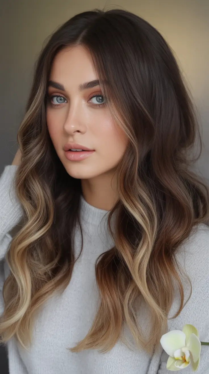 Fall brunette hair color Creamy Brunette with Dimensional Blonde Balayage