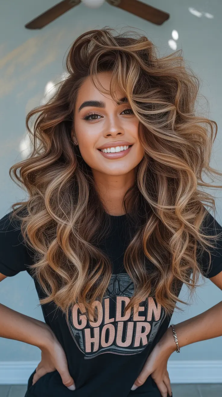 Fall brunette hair color Bronzed Blowout with Golden Balayage Layers