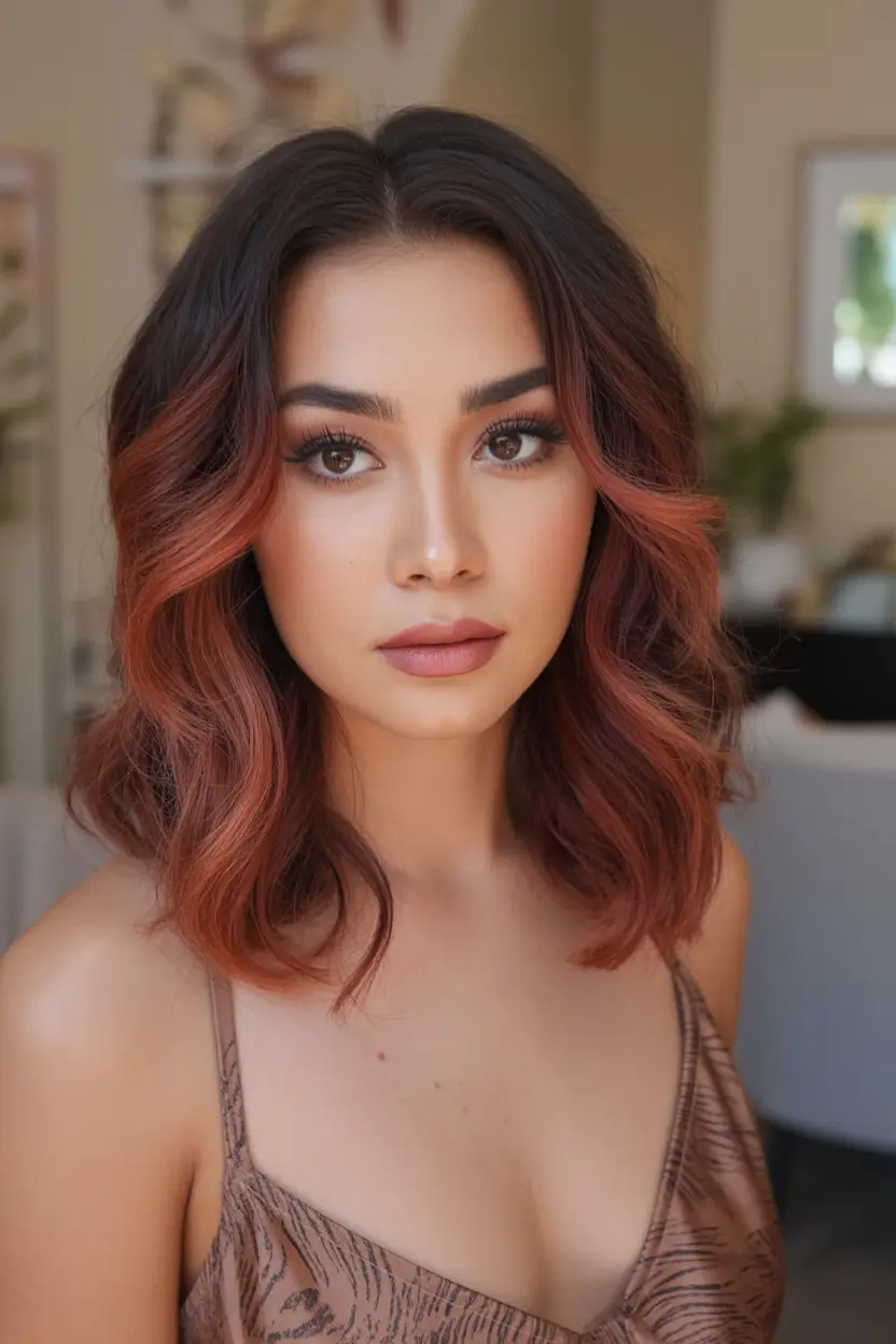 Fall brunette hair color Spiced Plum Balayage on Wavy Bob