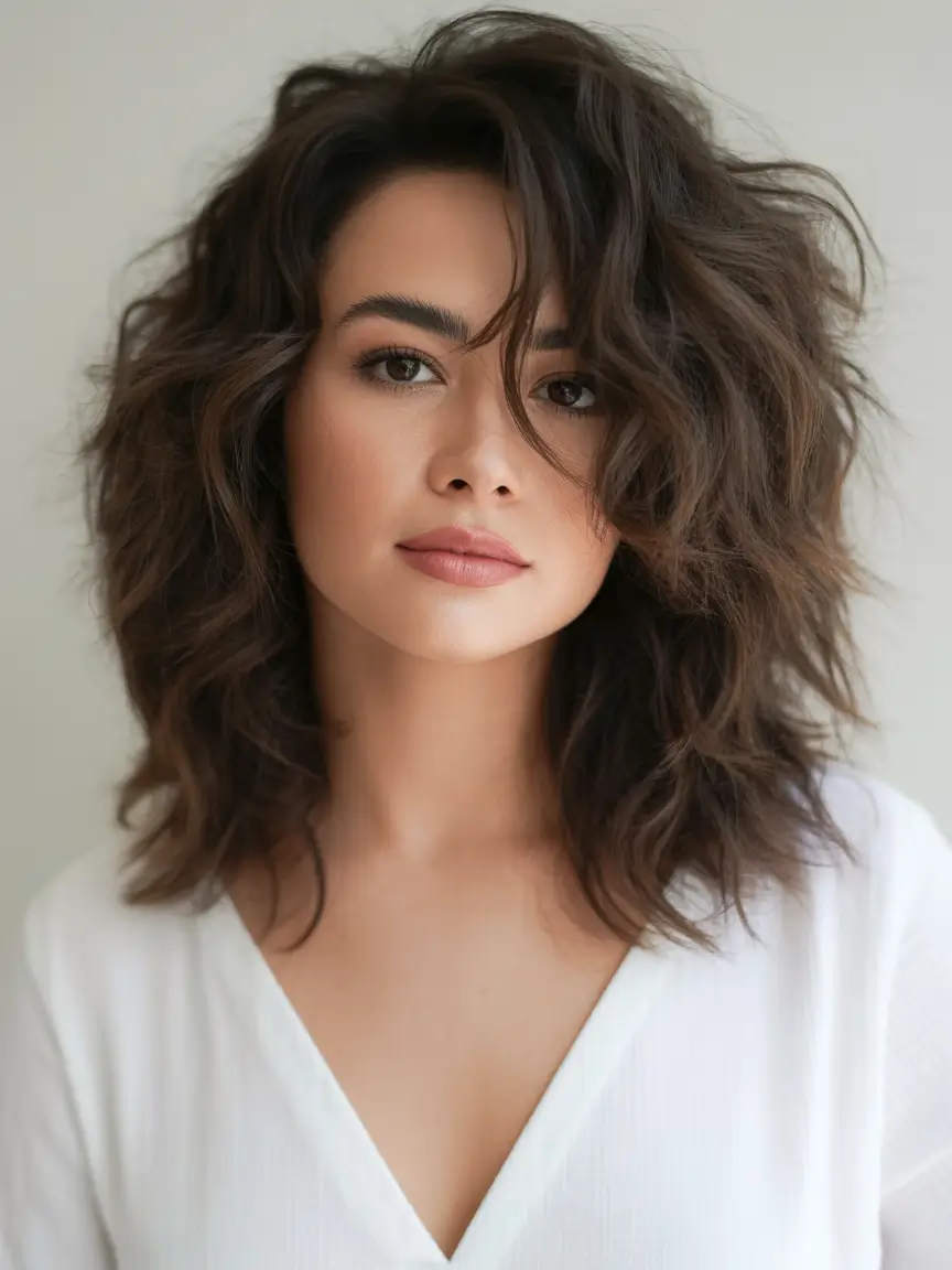 Fall brunette hair color Tousled Espresso Waves with Natural Texture