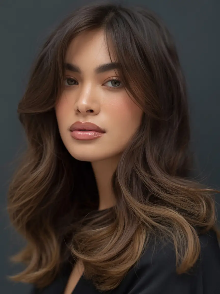 Fall brunette hair color Soft Caramel Ends with Curtain Bangs