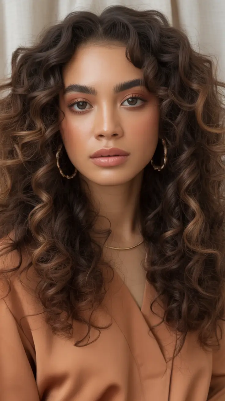 Fall brunette hair color Romantic Curls with Mocha Ribbons and Center Bangs