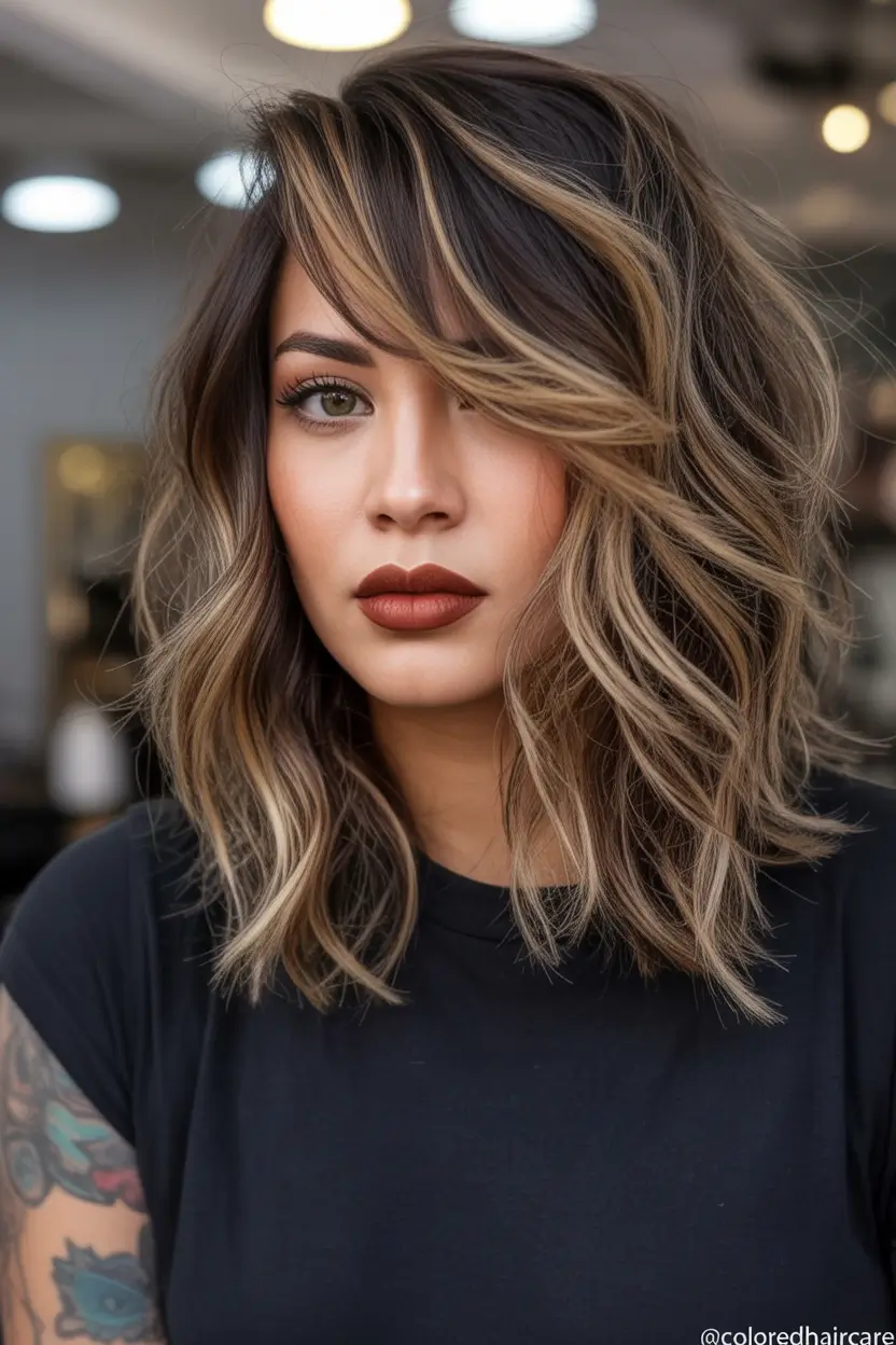 Fall brunette hair color High-Contrast Balayage with Sliced Layers