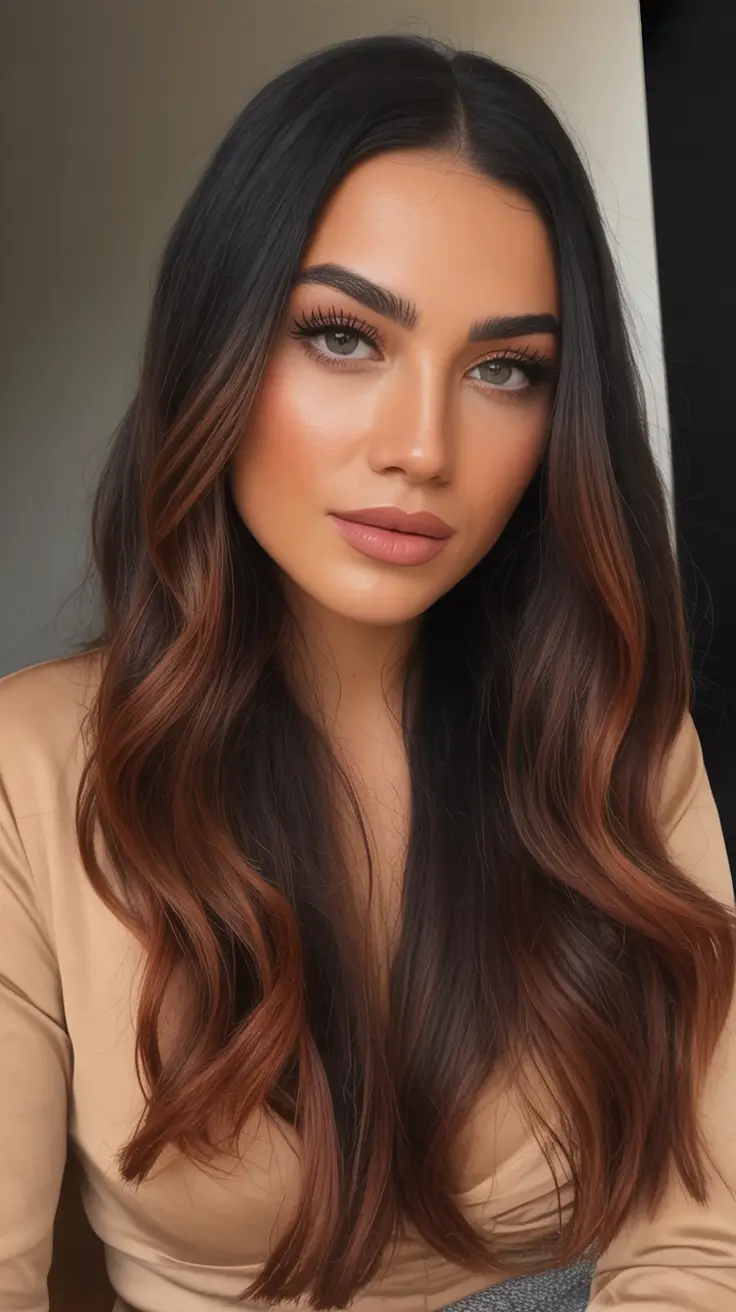 Fall brunette hair color Espresso-to-Auburn Long Balayage