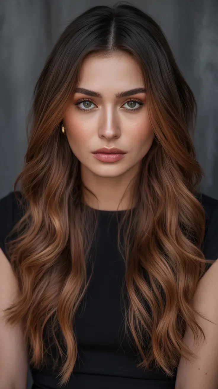 Fall brunette hair color Butterscotch Balayage with Mid-Length Waves