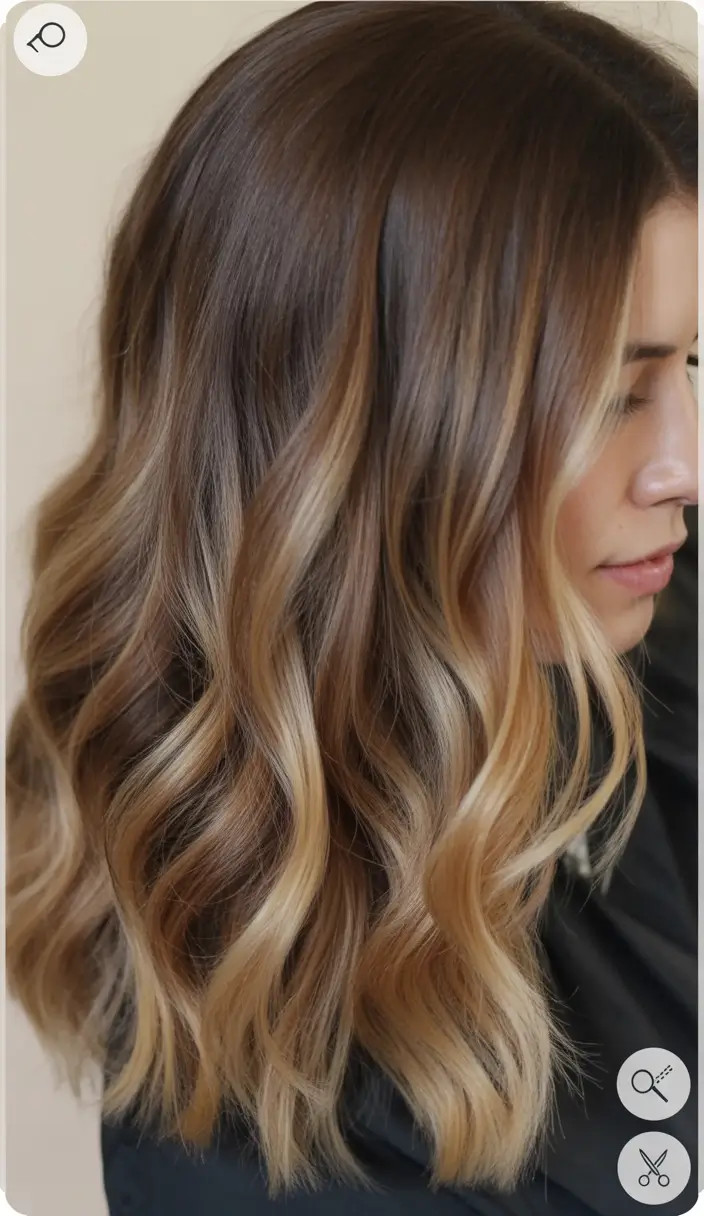 Fall brunette hair color Golden Swirl Buttery Ribbons on Chocolate Balayage