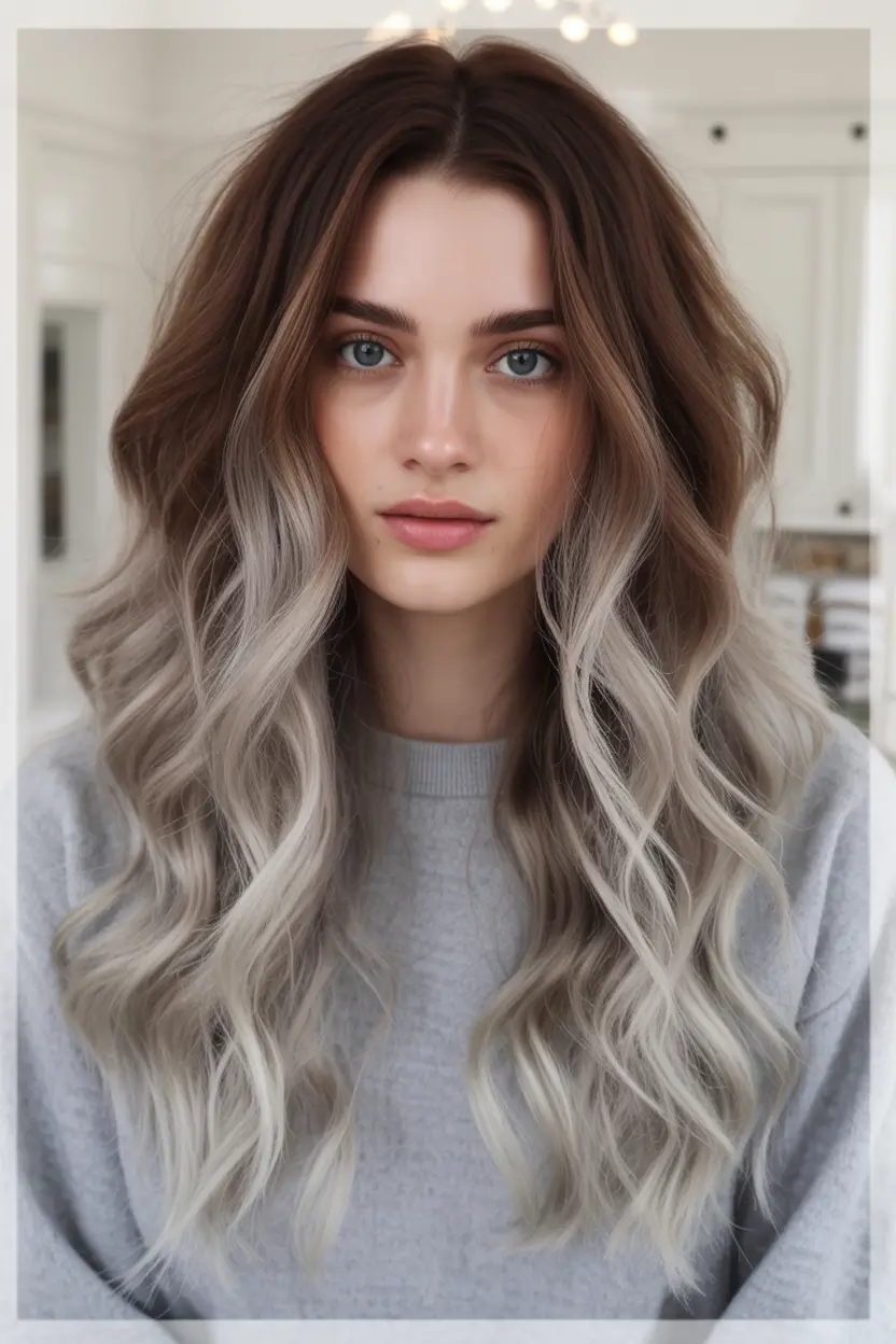 Fall brunette hair color Silver Ash Ends with Smoky Root Melt