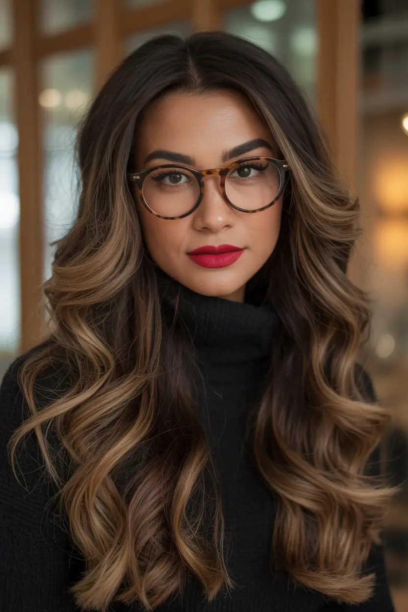Fall brunette hair color City Chic Waves with Sable-to-Wheat Balayage