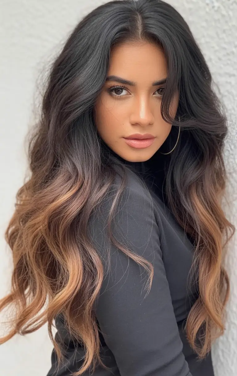 Fall brunette hair color Smoked Cinnamon Curls with Soft Amber Fade