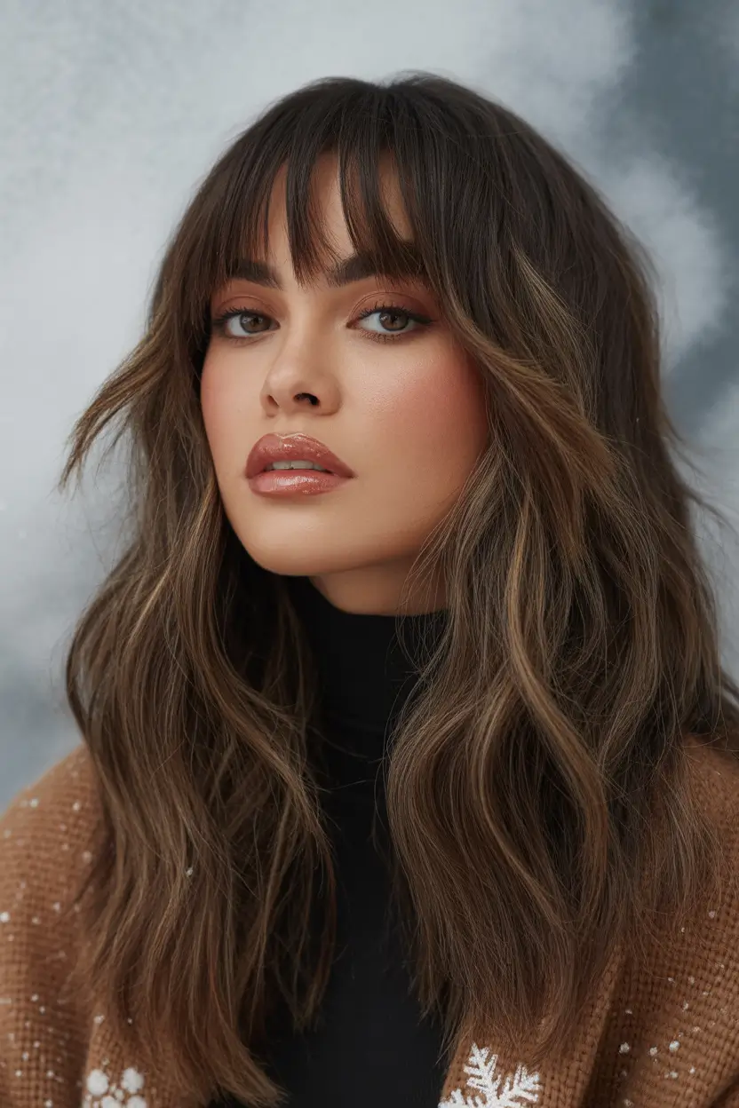 Fall brunette hair color Soft Volume with Ashy Brunette and Wispy Bangs