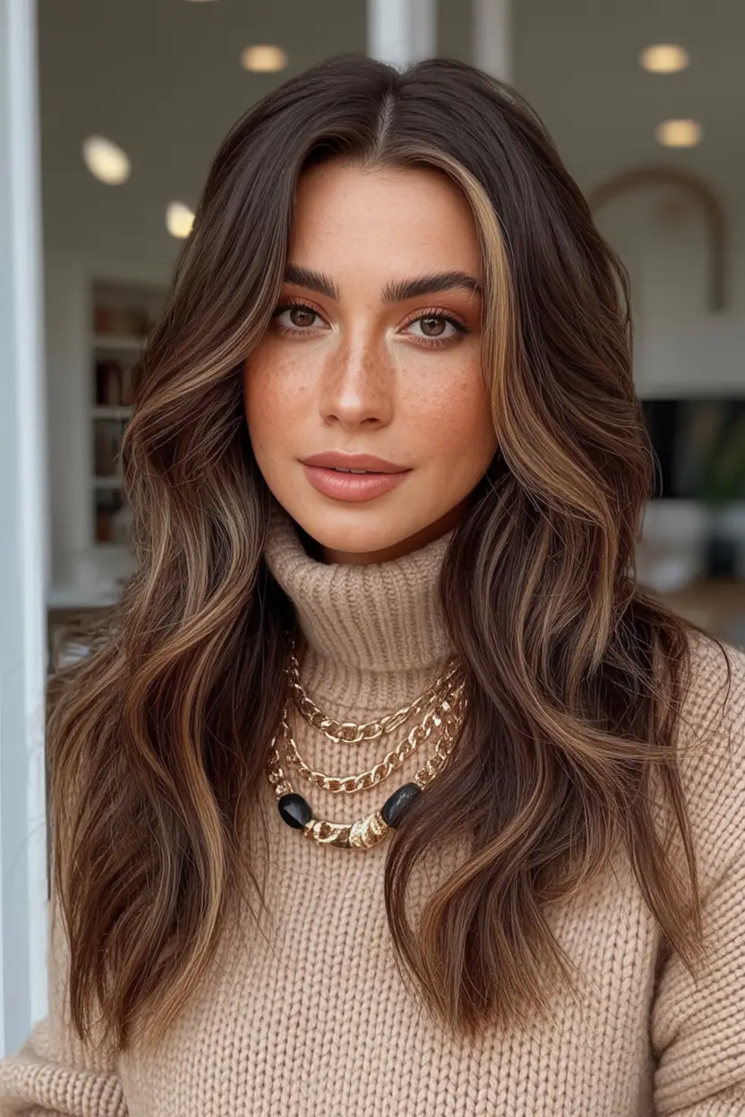 Fall brunette hair color Mocha Ribbon Waves with Soft Light Accents
