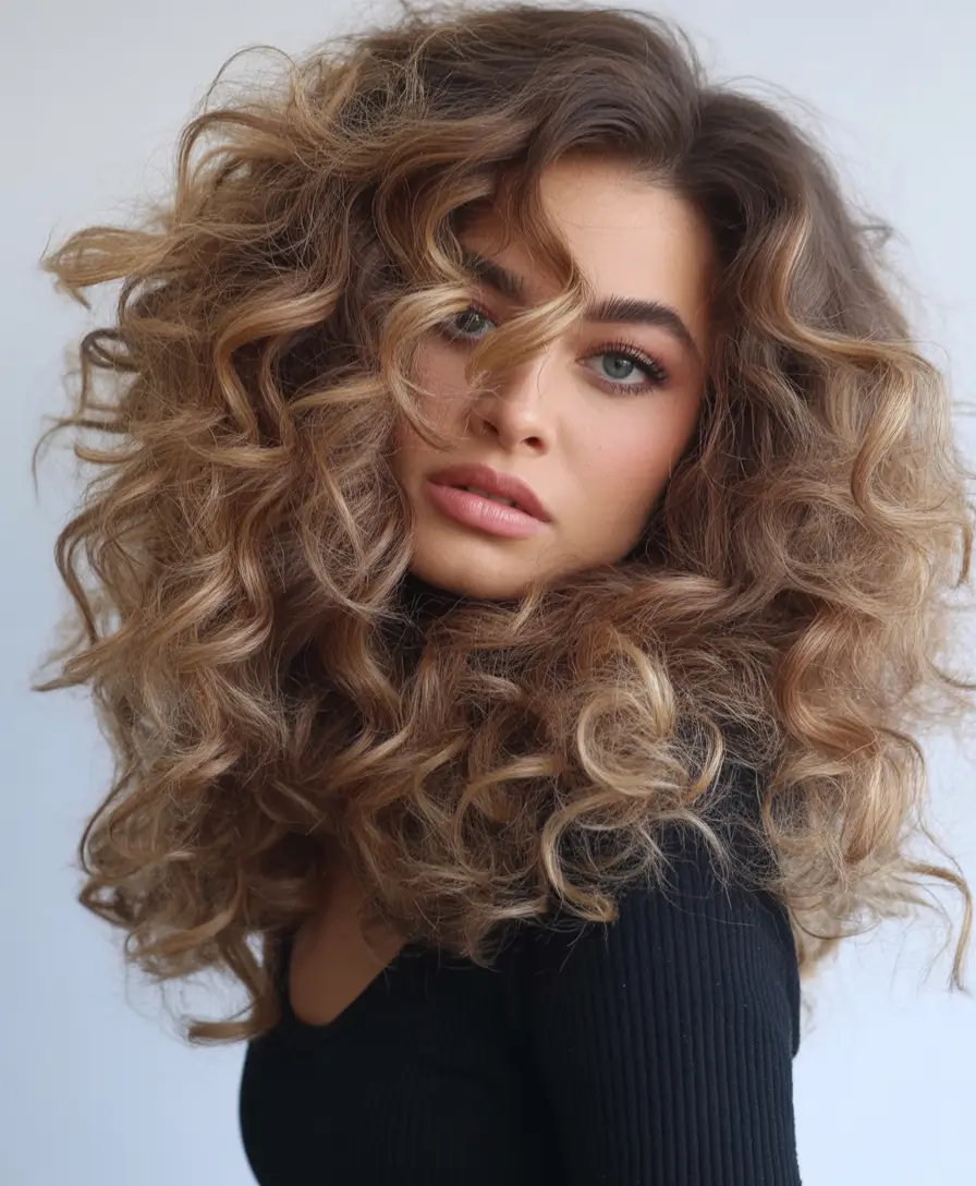 Fall brunette hair color Voluminous Curly Caramel Brunette