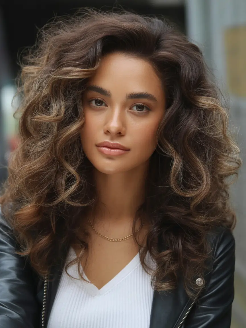 Fall brunette hair color Toffee Spiral Curls with Smoky Highlights