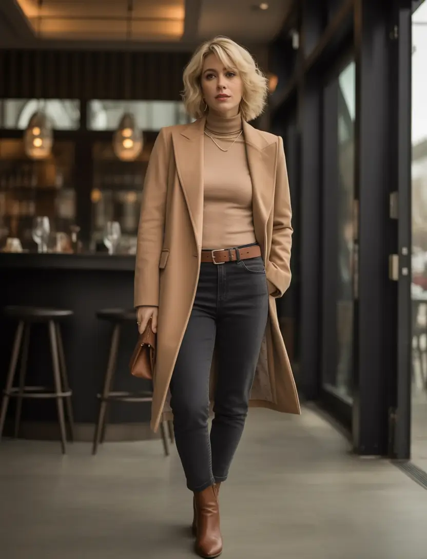 fall outfits for women over 40+Tailored Camel Layers and Subtle Glam