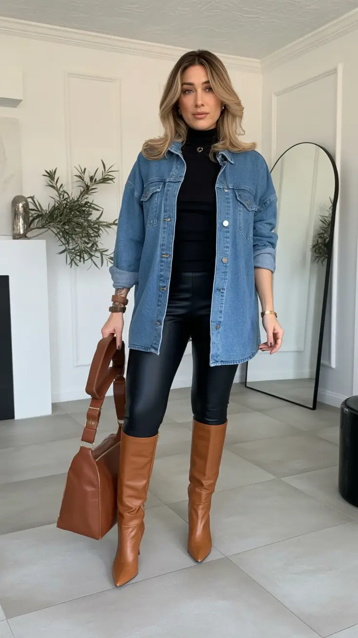 fall outfits for women over 40+Elevated Edge: Leather and Denim Done Right