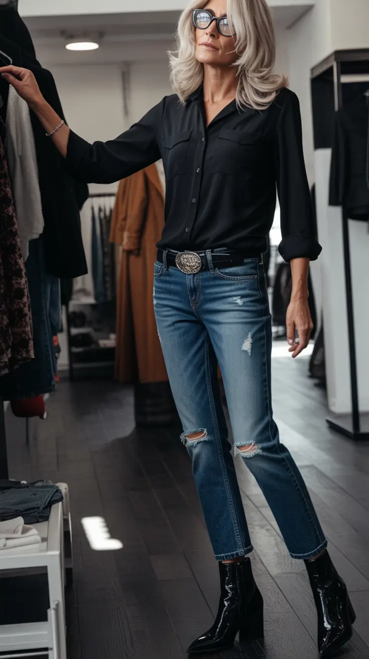 fall outfits for women over 40+Denim and Gloss with a Western Accent