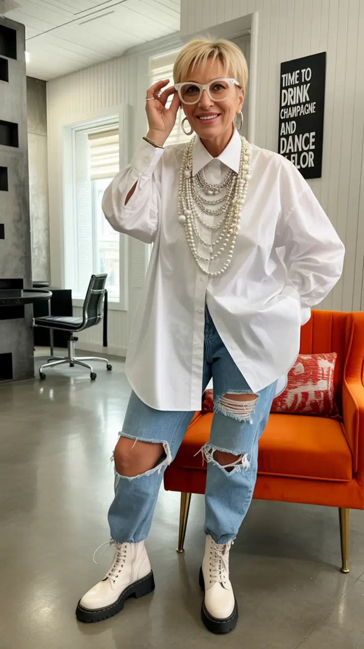 fall outfits for women over 40+Oversized Shirt, Distressed Jeans, and Modern Pearls