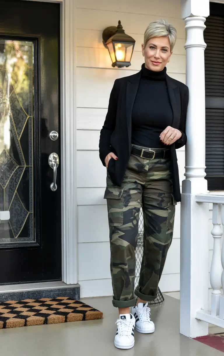 fall outfits for women over 40+Military Cargo Meets Monochrome Cool