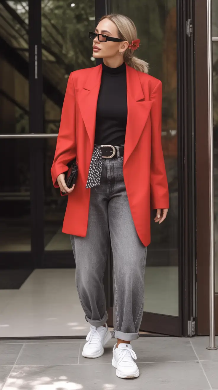 fall fashion outfits Pop Red & Power Denim
