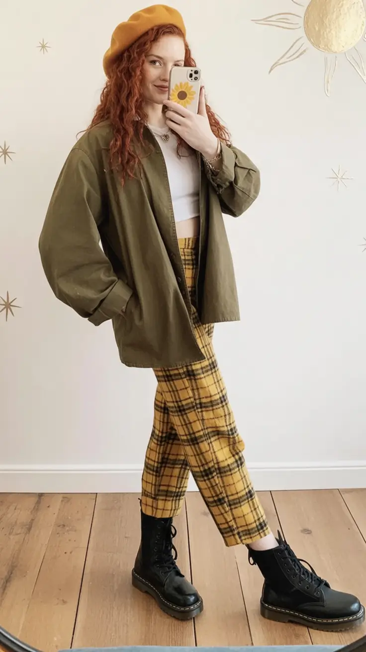 fall fashion outfits Golden Plaid & Combat Cool