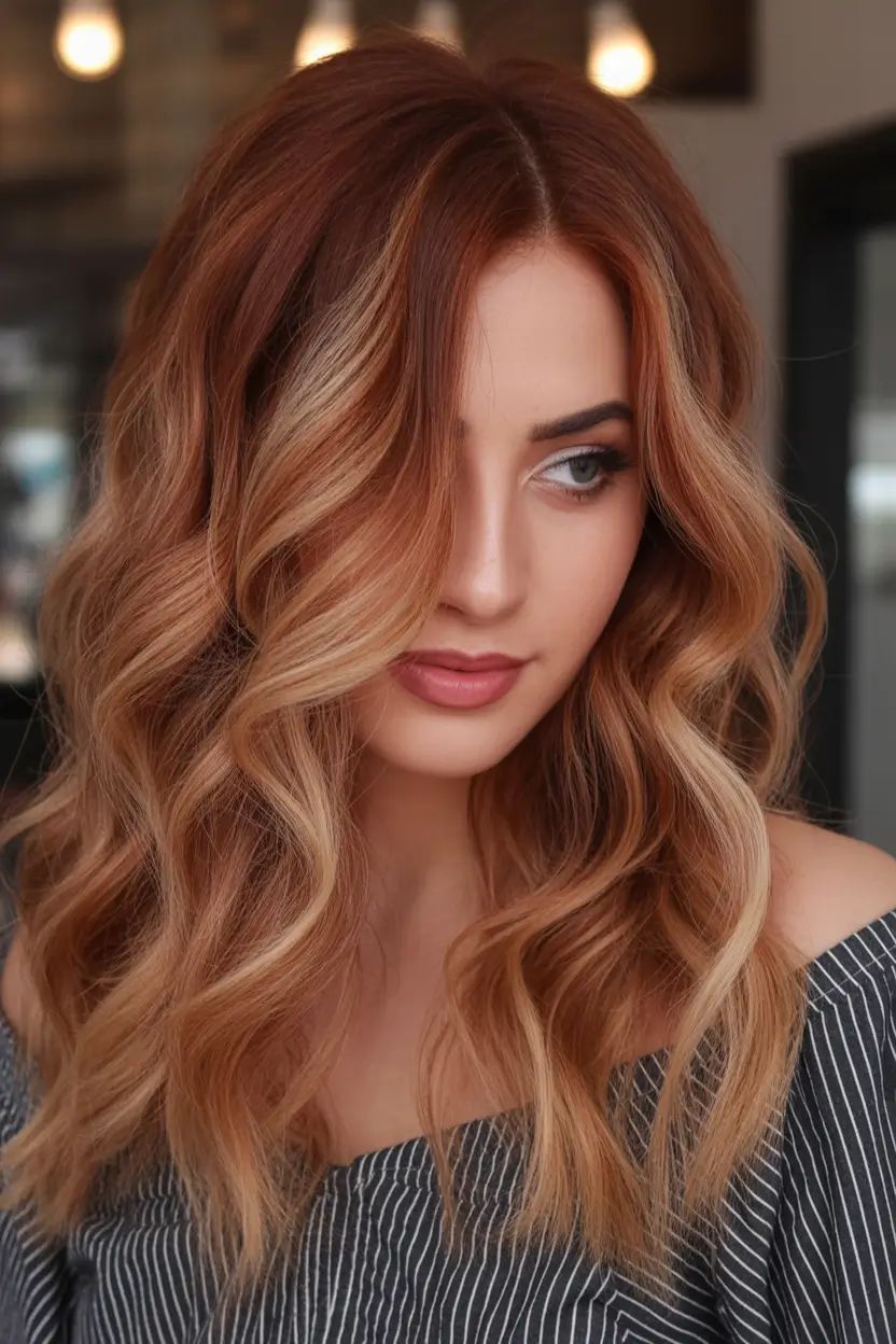Warm fall hair color Amber Balayage with Soft Waves