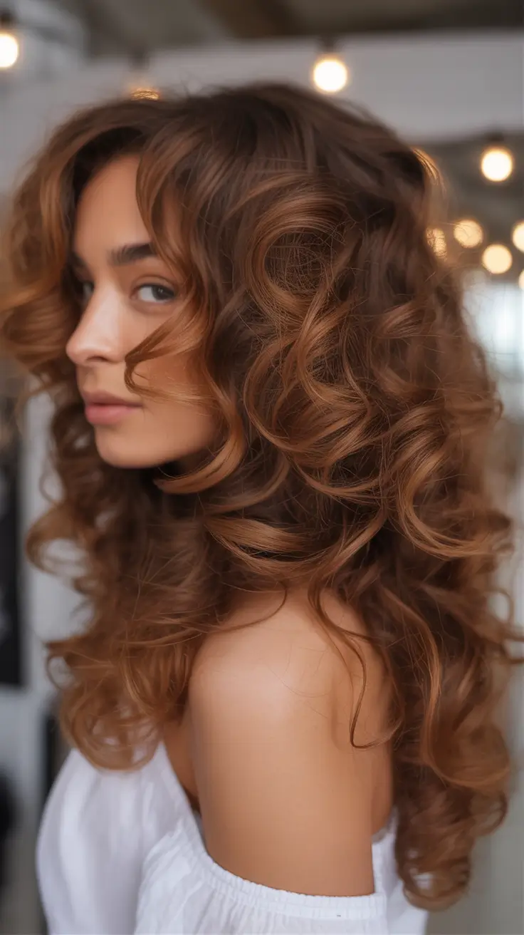 Warm fall hair color Chocolate Curl Cascade