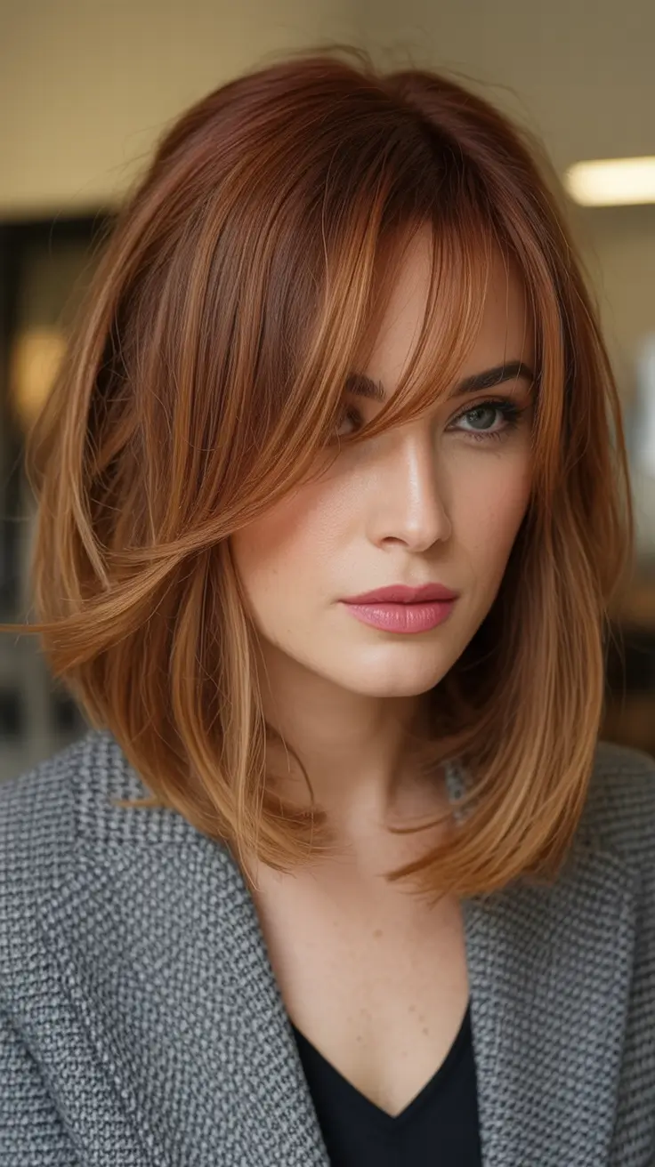 Warm fall hair color Soft Auburn Lob with Wispy Fringe