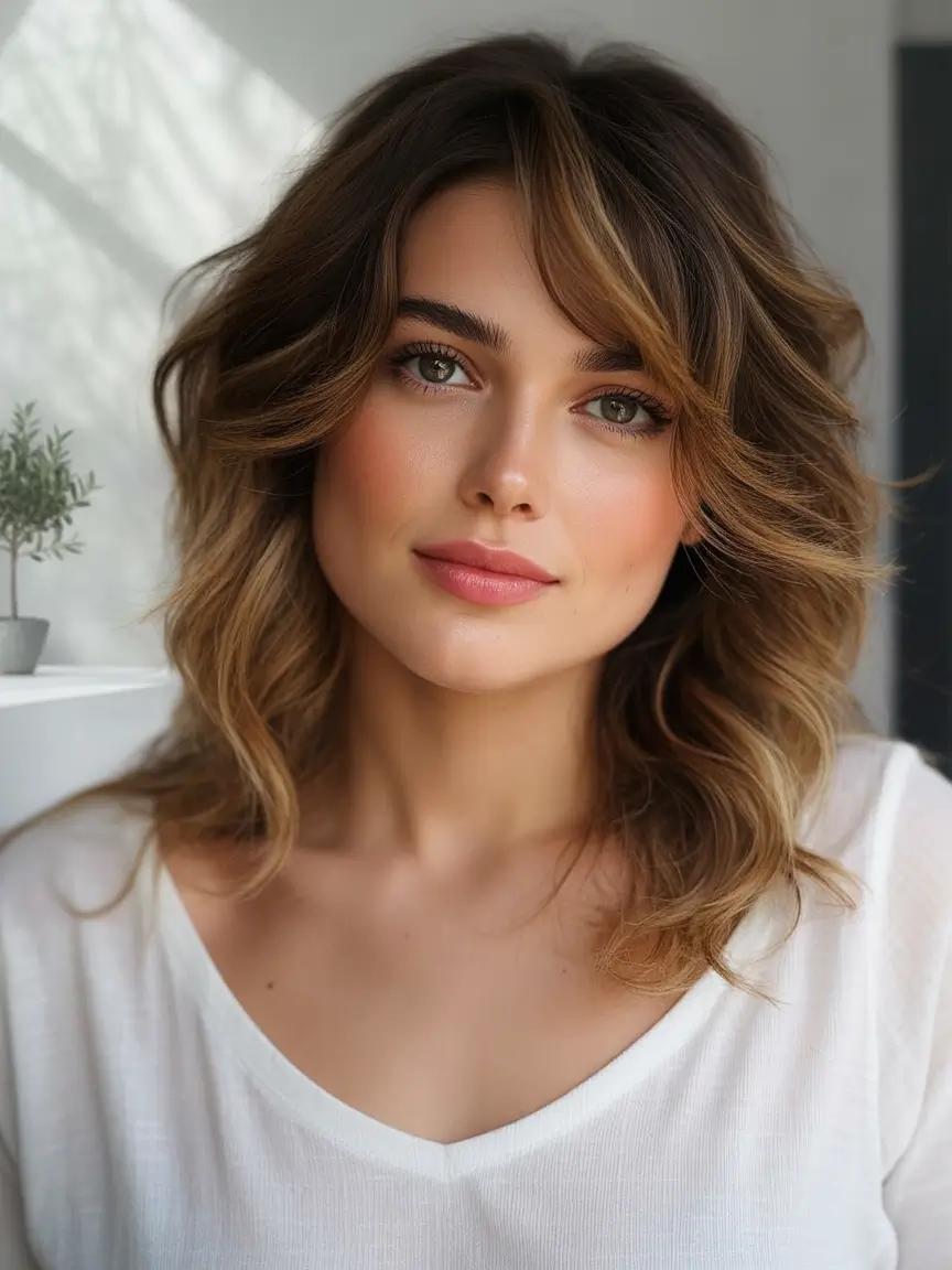 Warm fall hair color Toffee Melt with Tousled Layers