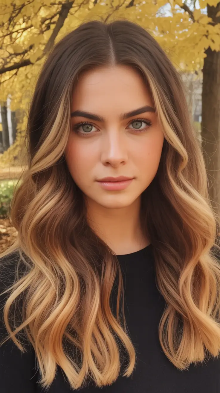 Warm fall hair color Golden Espresso Money Piece