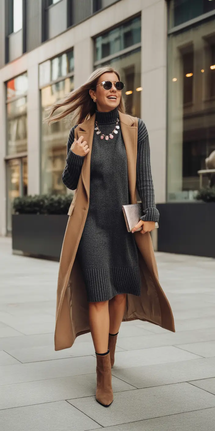 fall office outfits for women Knit Dress & Longline Vest: Soft Power Dressing