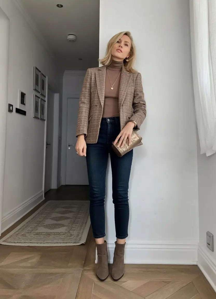 fall office outfits for women Tweed Blazer & Casual Jeans: Classic Americana