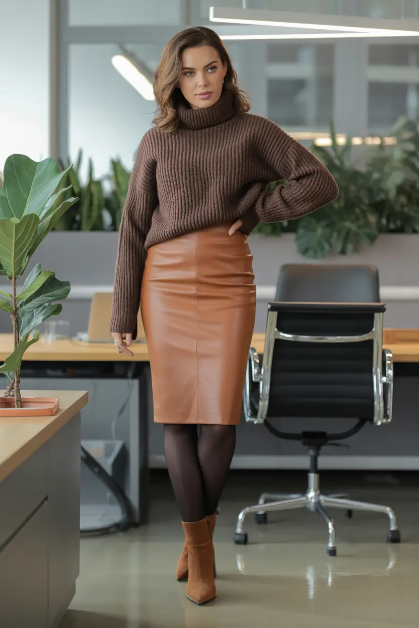 fall office outfits for women Caramel Pencil Skirt & Cozy Luxe Knit