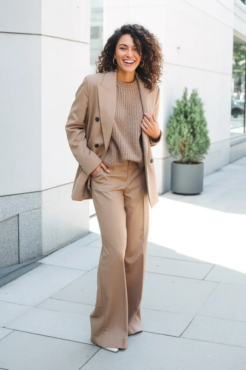 fall office outfits for women Warm Beige Tones and Knit Suiting Ease