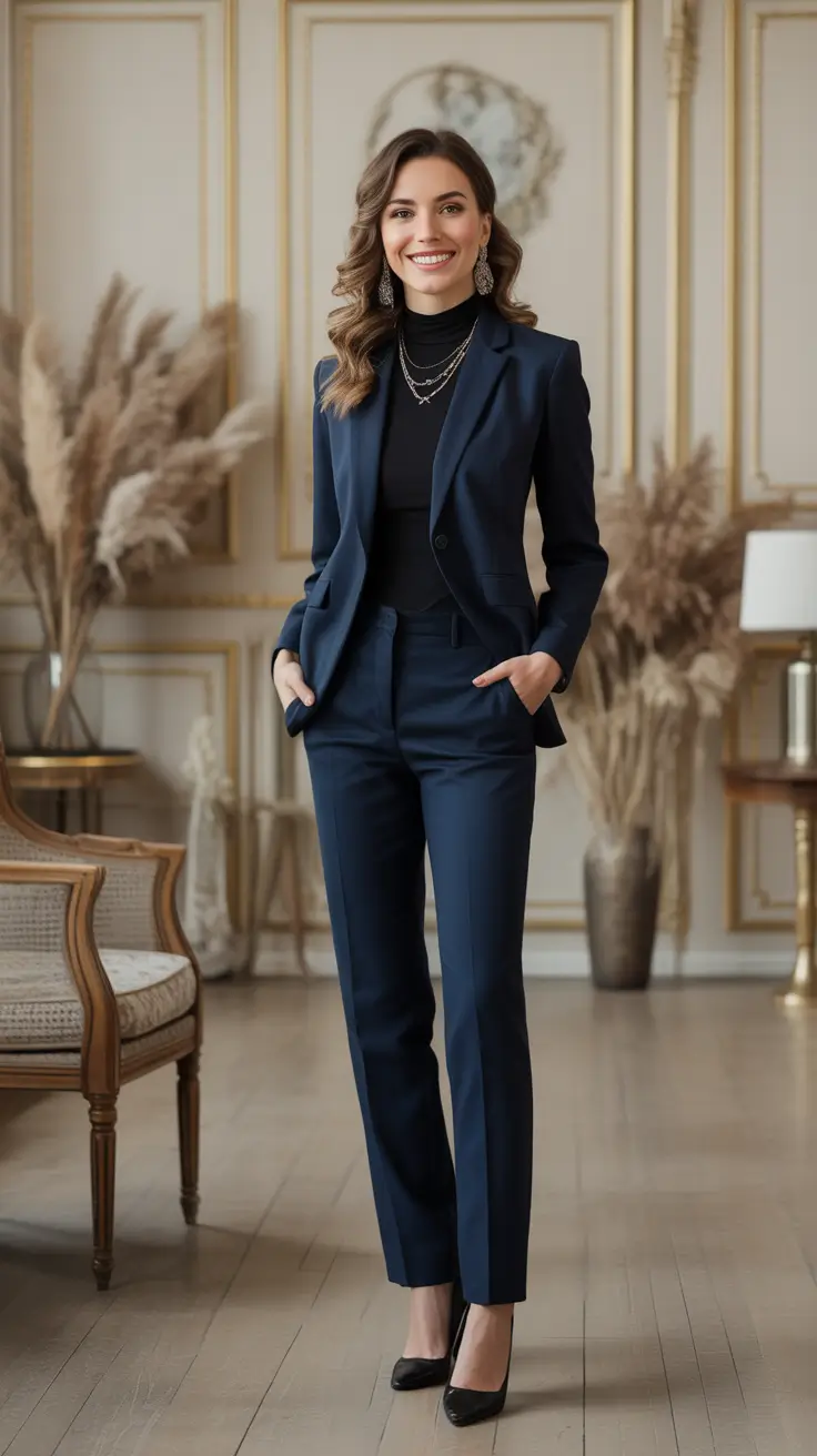 fall office outfits for women Classic Navy Suit with Feminine Energy
