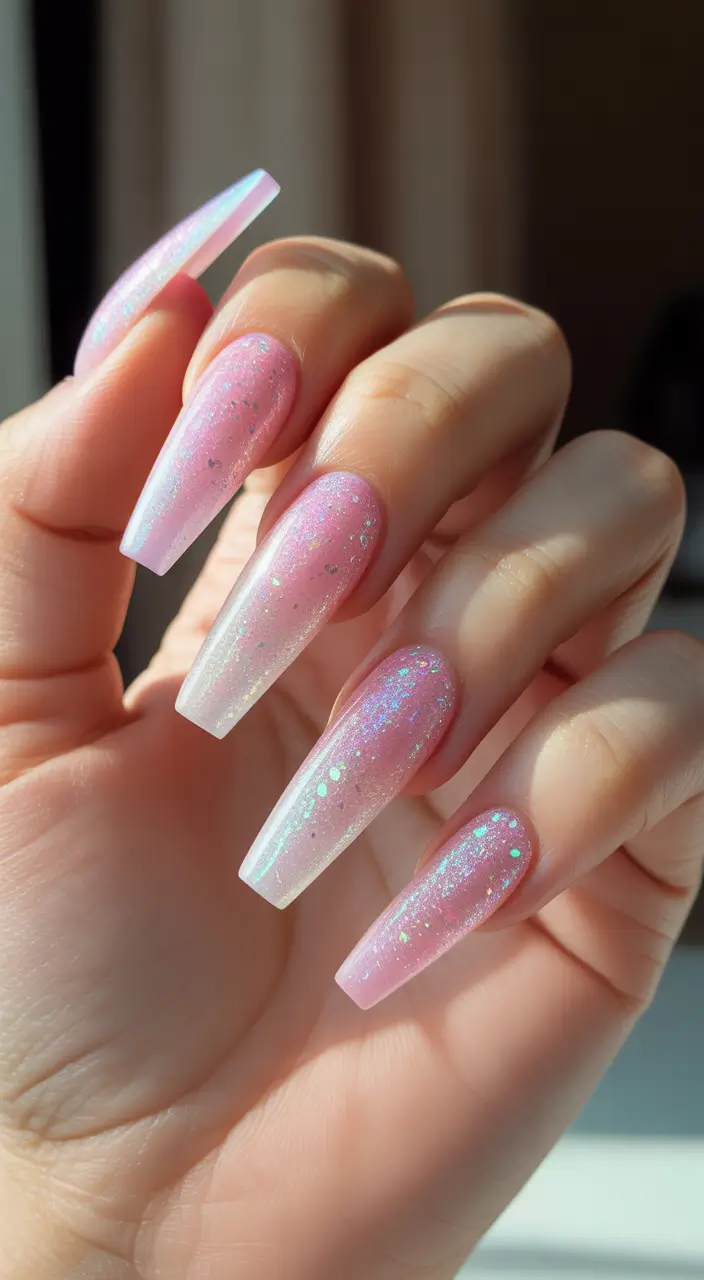 fall coffin nail Dreamy Pink Glitter Ombré