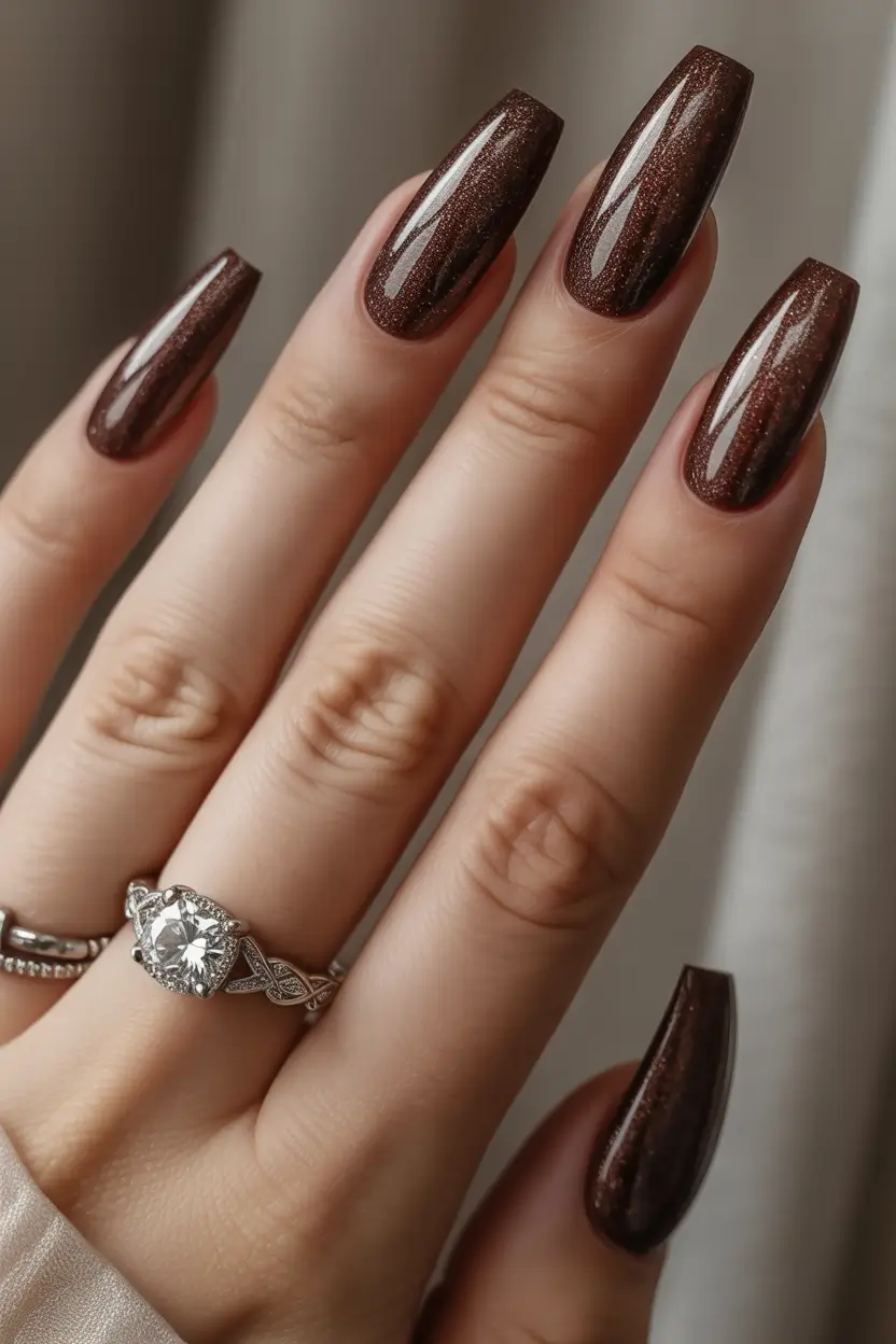 fall coffin nail Shimmering Chocolate Elegance