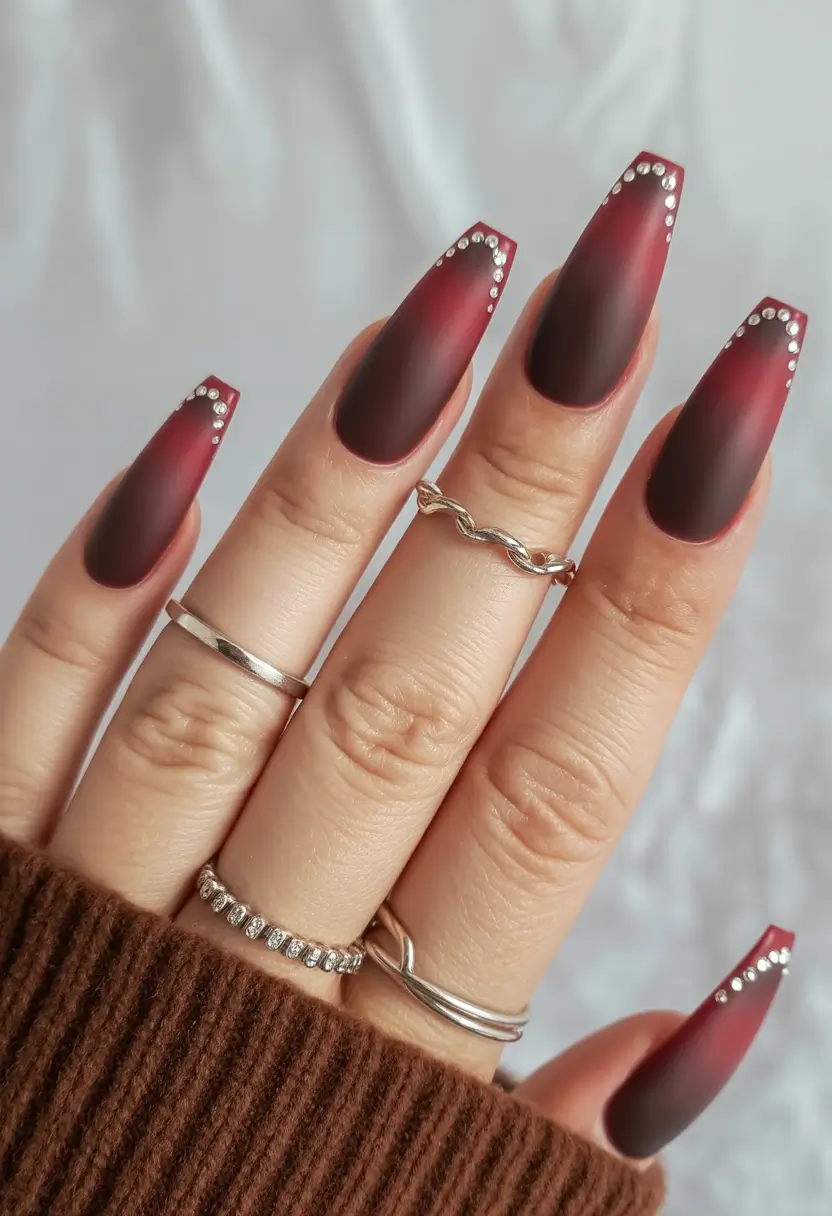 fall coffin nail Matte Burgundy with Crystal Accents