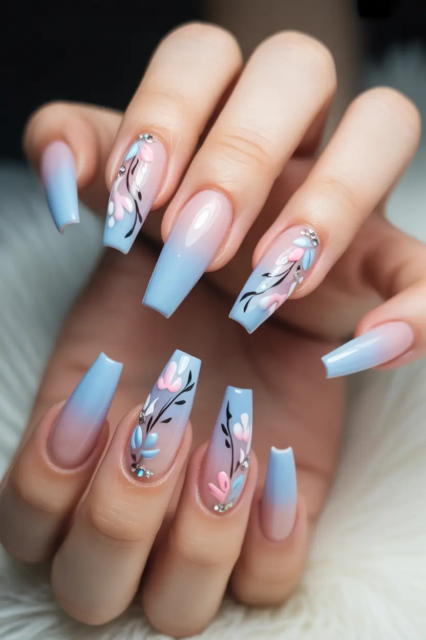 fall coffin nail Powder Blue With Floral Details